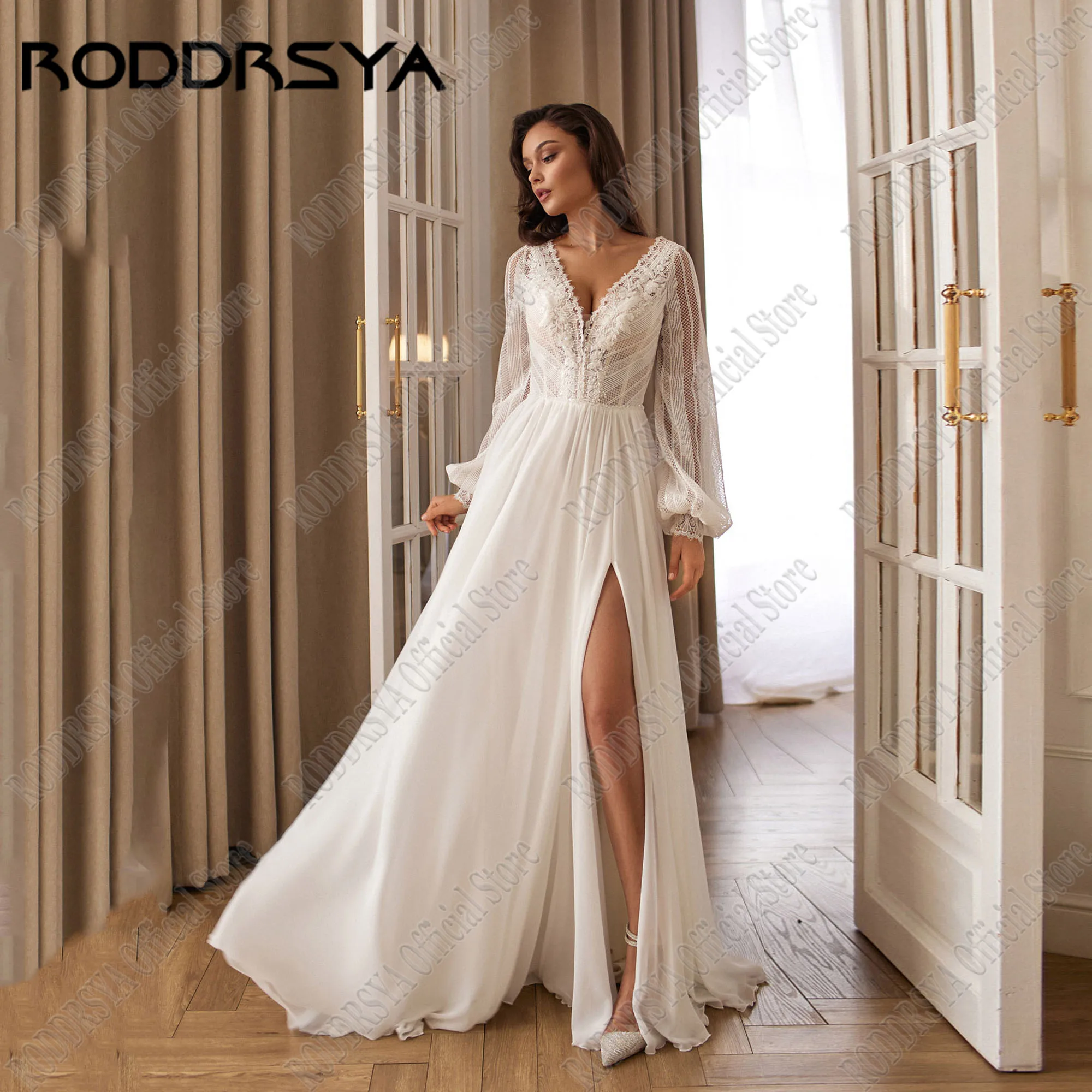 RODDRSYA vestido de novia Civil de gasa, manga larga, Espalda descubierta, cuello en V, apliques, vestidos de novia personalizados, playa, línea ARoddrsya mousseline de soie civile robe de mariée manches longues dos dé