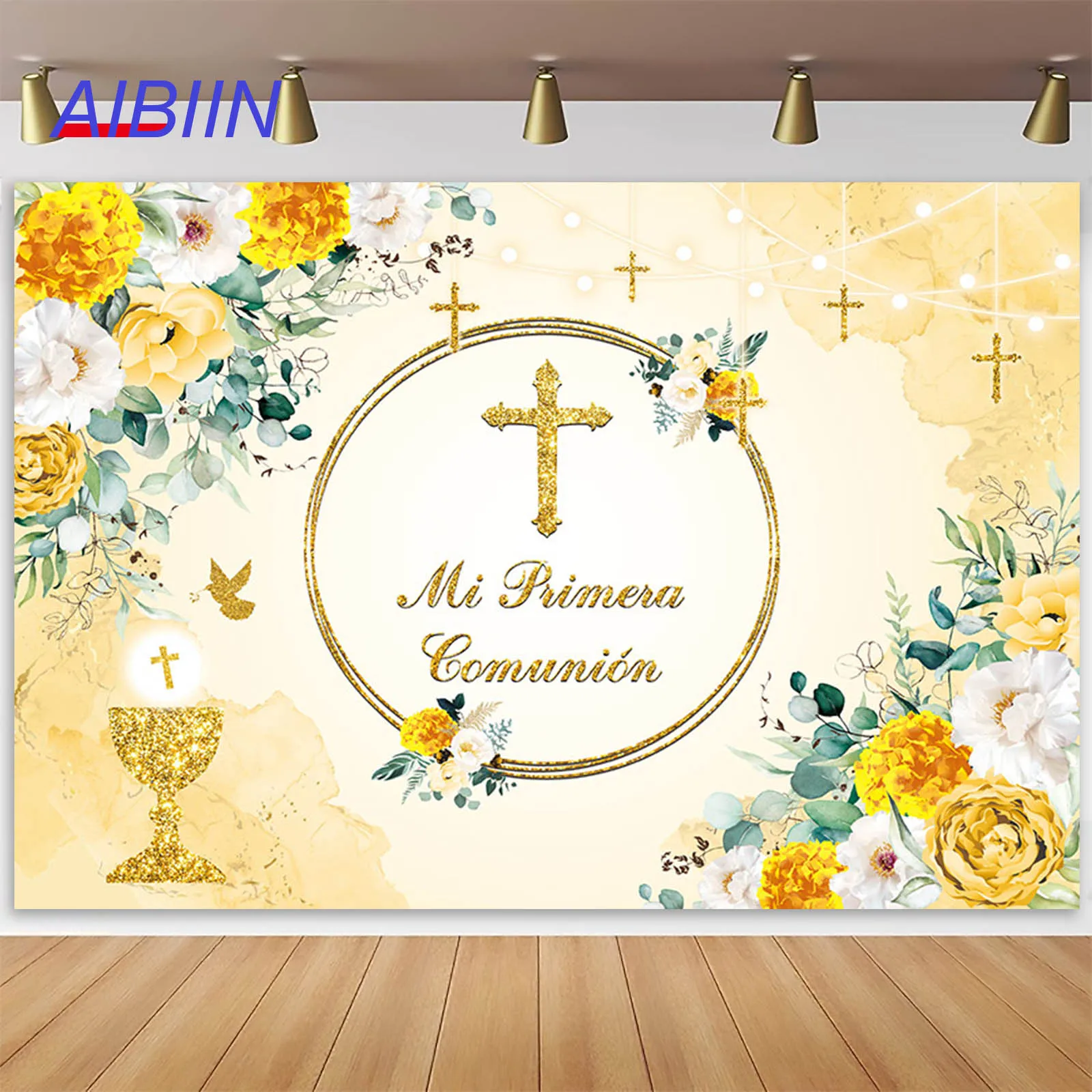 

AIBIIN Baptism Photography Backdrop Gold Cross Yellow Flower Green Leaf First Holy Communion Background Christening Party Decor