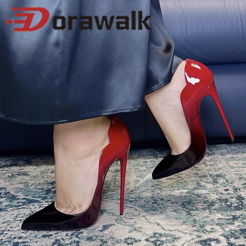 

Woman Sexy V Cut Stilettos Thin High Heels Red Black Glossy Patent Pointed Toe Chic Pumps Dress Curl Cut Celebrity Shoes