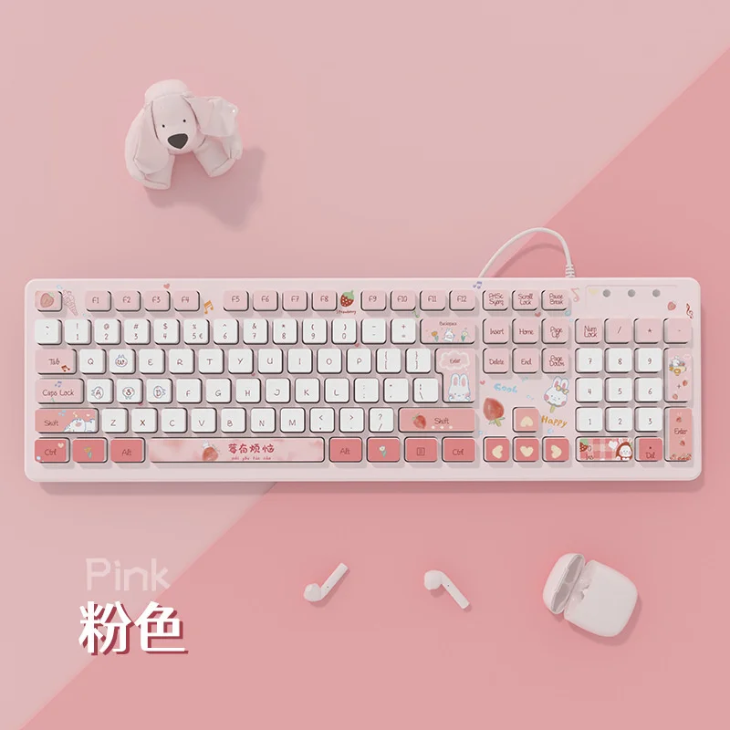 Kawaii Wired Keyboards Pink Wireless Keyboard Gaming Accessories Cartoon Cute Chocolate Mute Keyboard Notebook Desktop Computer