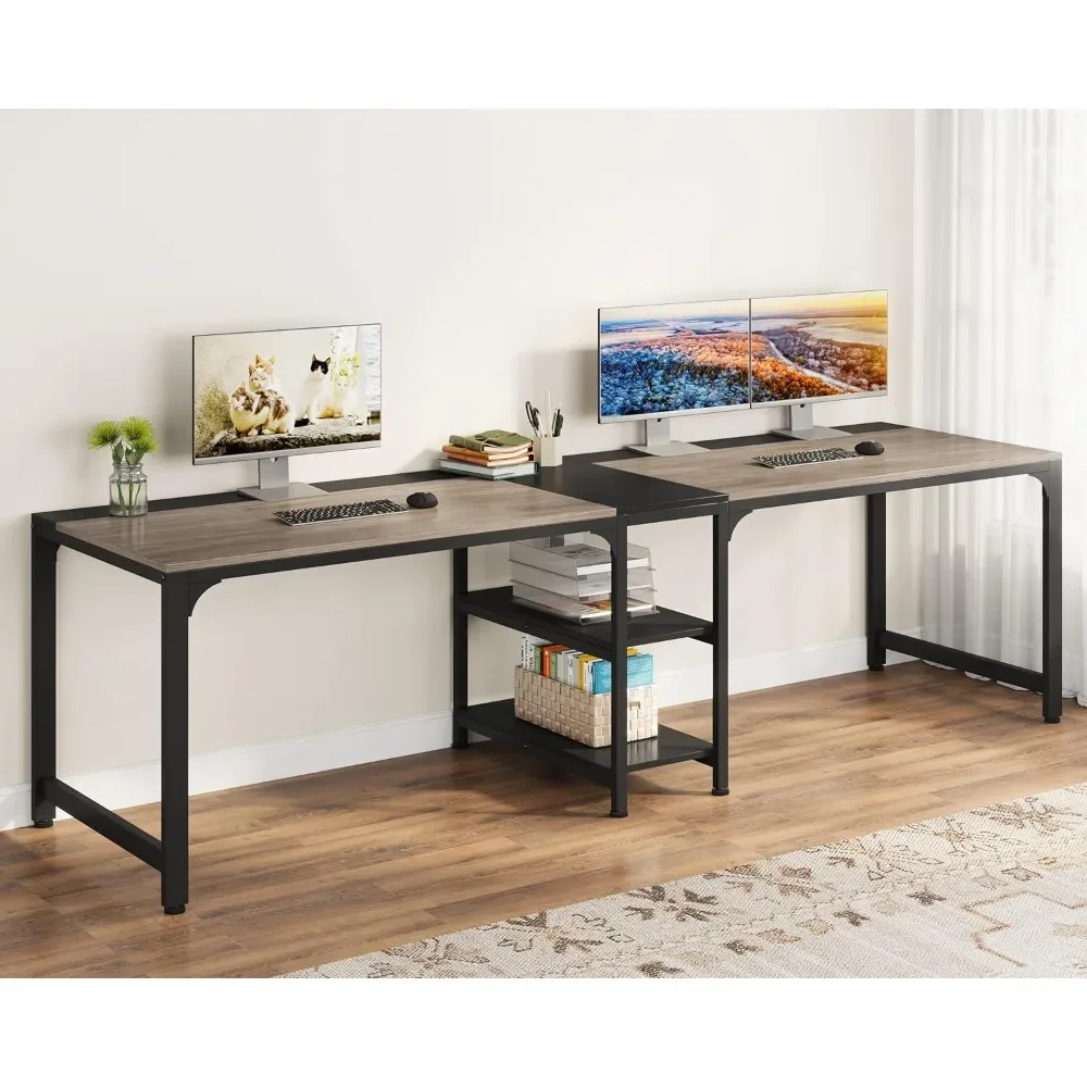 Escritorio para 2 personas de 90,55 pulgadas con estantes de almacenamiento, escritorio doble para computadora con escritorio espacioso, mesa de escritura de estudio extra larga