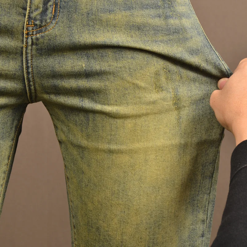 Летние тонкие ретро потертые желтые грязевые джинсовые шорты мужские высококачественные модные брендовые эластичные облегающие потертые повседневные шорты