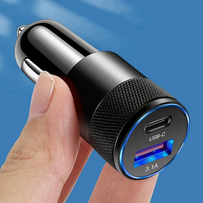 3.1A 15W USB + PD شاحن سيارة مدفع فولاذي صغير شاحن سيارة من سبيكة معدنية TYPE-C شاحن سيارة