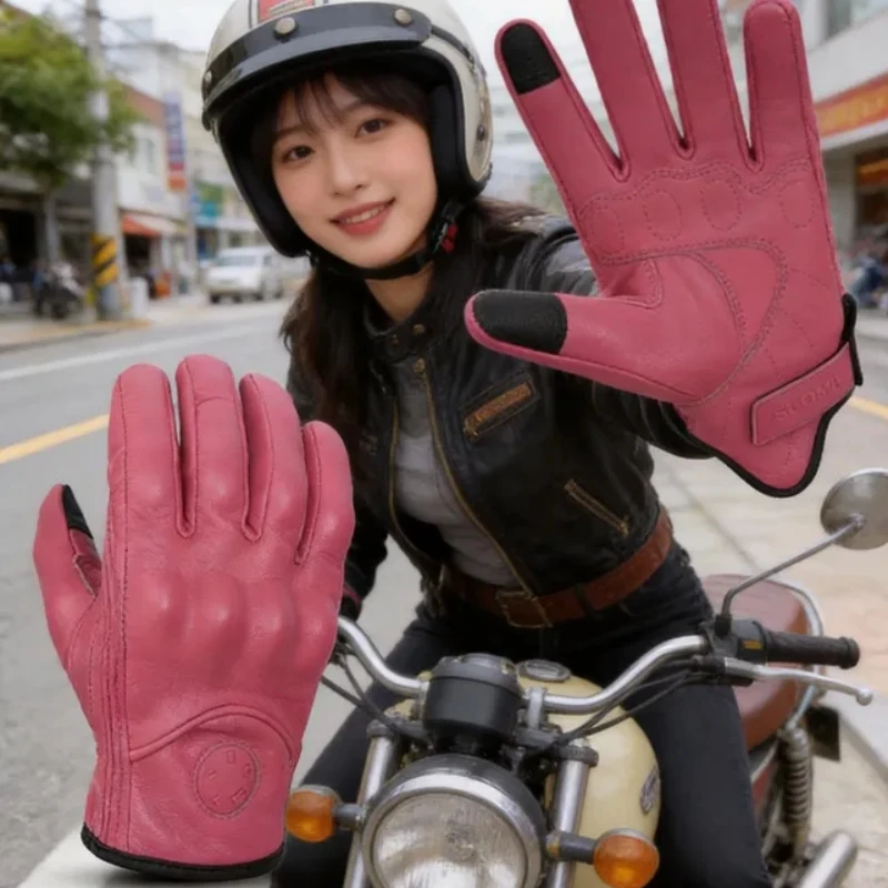 Yellow/Brown/Pink Vintage Leather Gloves Perforated Motorcycle Riding Glove for Men Women Breathable Touchscreen Motocross Glove