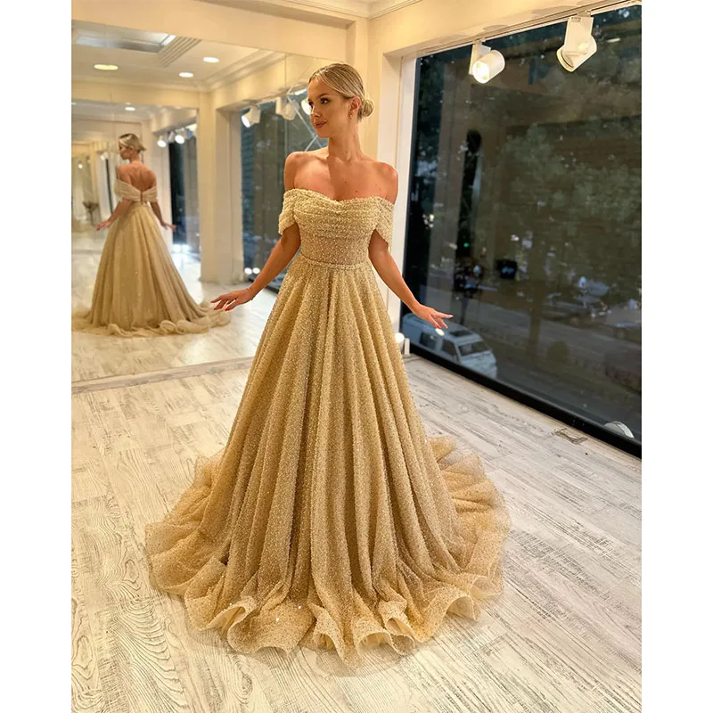 

Modest Light Gold Evening Dresses A Line Off Shoulder Glitter Formal Prom Dress Red Carpet Gown Ruffles Robe De Soiree