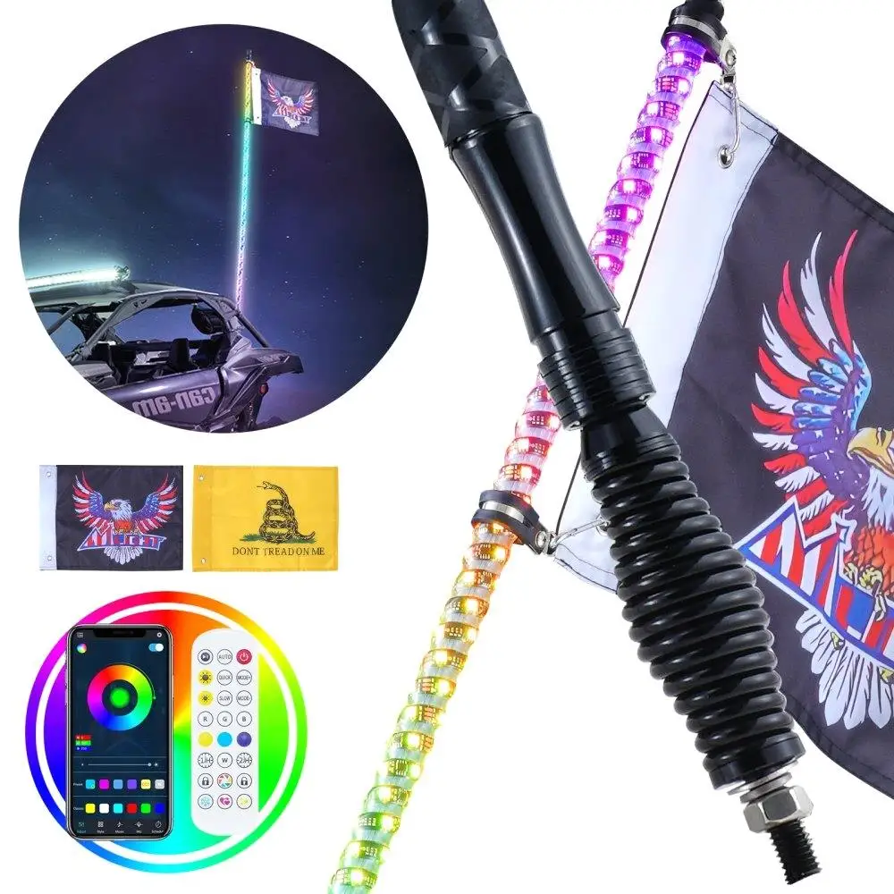 

1 PC 3 FT Whip Light with Base, Whip Light with APP & Remote Control, Waterproof 360° Spiral RGB Chasing Lighted