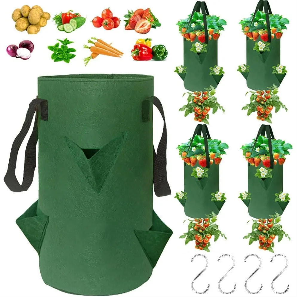 

Upside Down Strawberry Planter, 3 Gallon Hanging Grow Bags for Tomato Vegetables with 6 Planting Holes and 4 Hooks, Dark Green