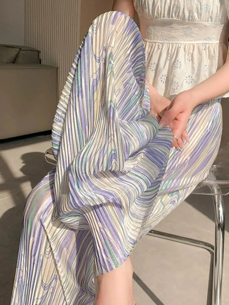 

Summer Thin Pleated Wide Leg Pants for Women New Ice Silk Feel Sun Protection Beach Pants High Waist Hanging Loose Cool Trousers