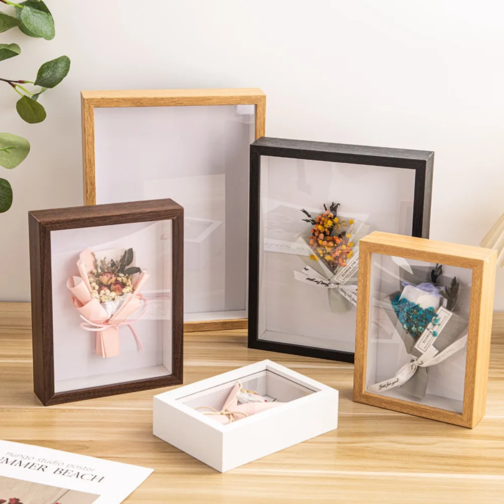 Cadre photo rectangulaire en bois naturel noir, durable, multi-tailles, type boîte à ombre, avec vitrine en acrylique pour la présentation de fleurs, billets et objets artisanaux