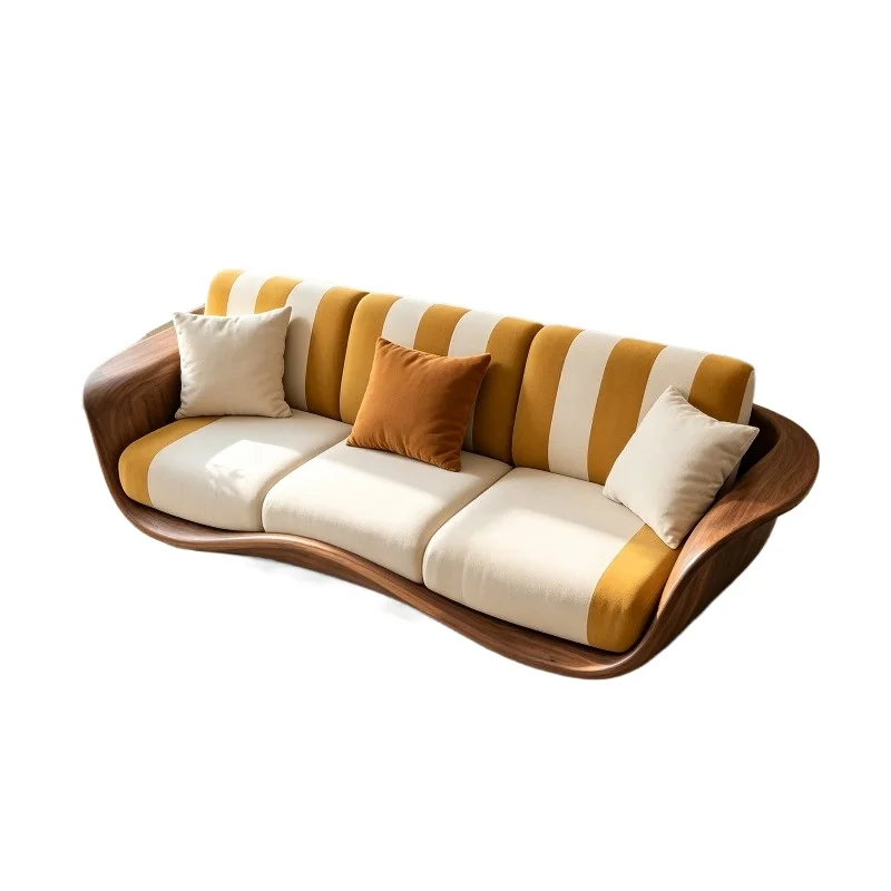 Yellow and white striped three-seater sofa wood grain glass fiber frame curved leisure sofa suitable for living room
