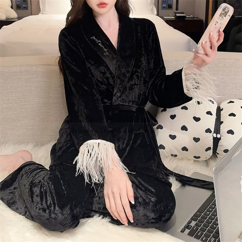 

Велюровый пижамный комплект, женская теплая одежда для сна, роскошная домашняя одежда, кардиган с отделкой перьями, брюки, 2 предмета, домашняя одежда, женская ночная рубашка 2025
