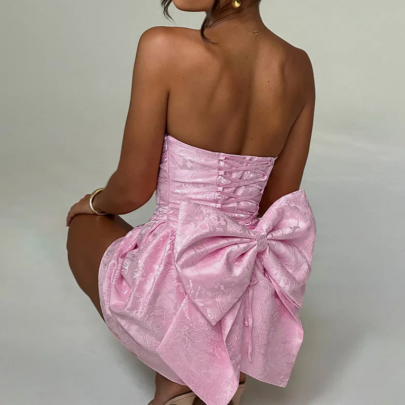 Vestido de fiesta sin tirantes con lazo grande para mujer, minifalda corta de cintura alta, Jacquard, con cordones en la espalda, color rosa y blanco