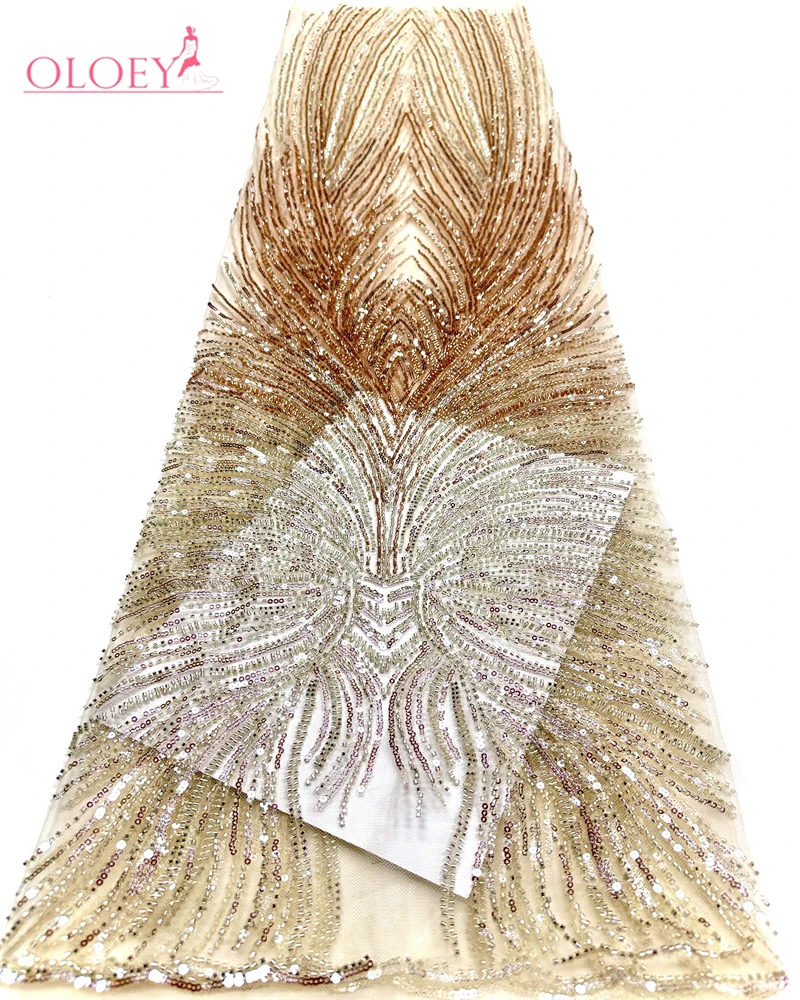 

OLOEY 2026 African Tulle Lace Fabric High Quality Beaded Luxury Sequence 5 Yards for Evening Wedding Dresses