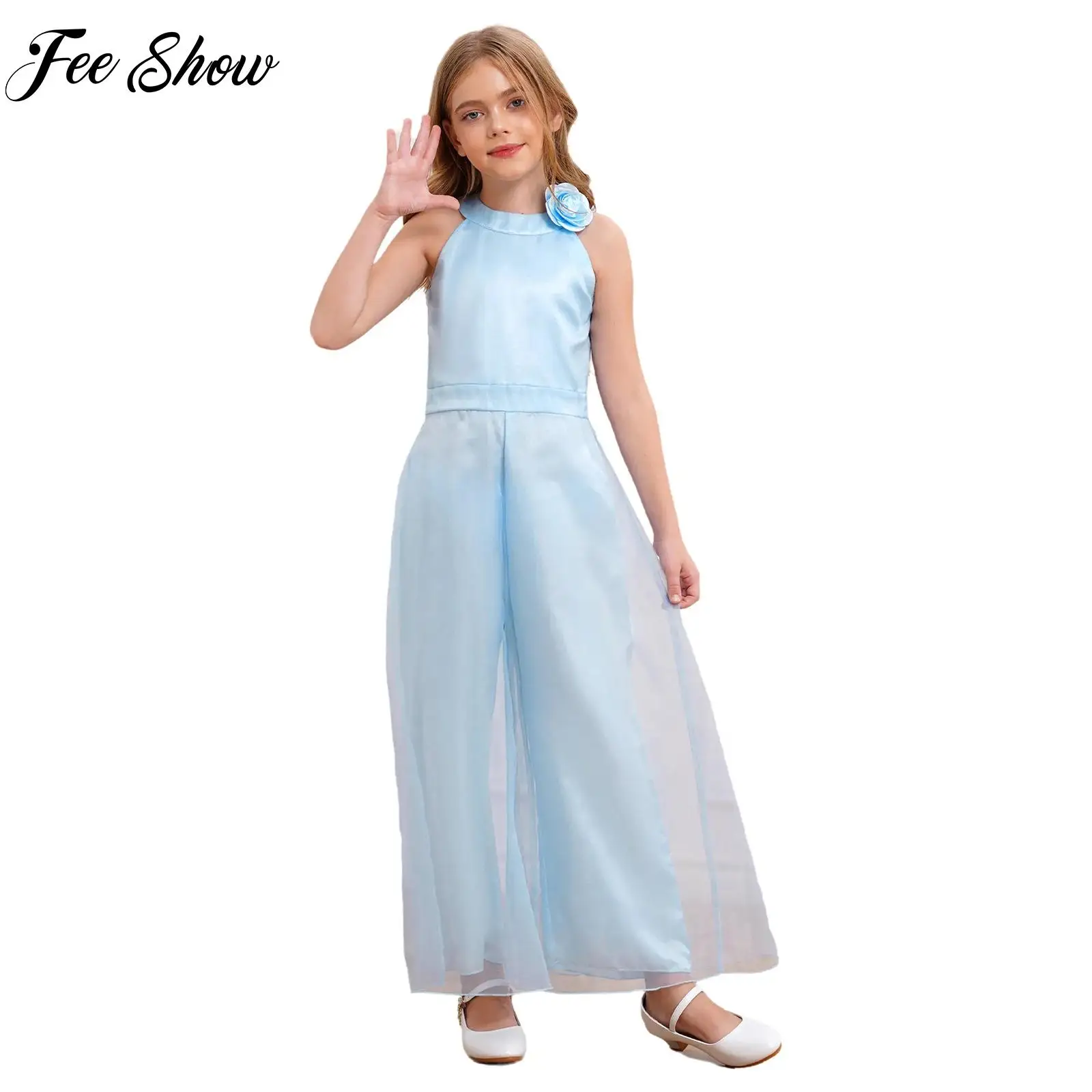 Kids Elegant Party Rompers with Flower Brooch Halter Neck Sleeveless Wide Leg Pants Girls Jumpsuit for Birthday Evenings Gown