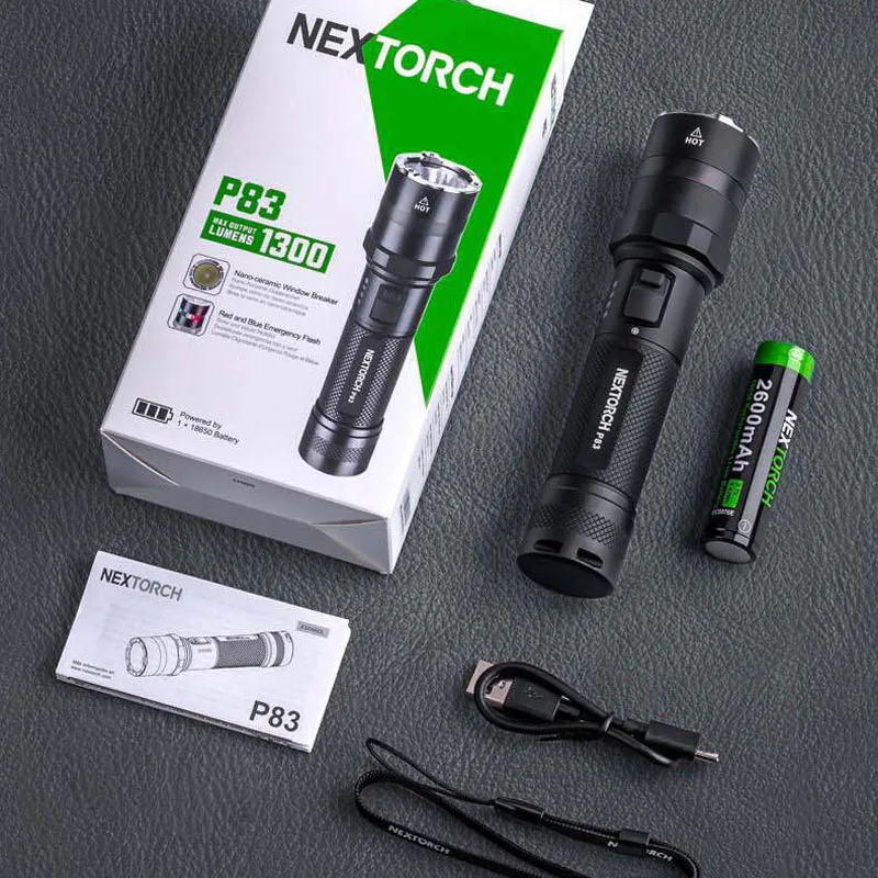 Nextorch P83 Duty/Tactical Flashlight with Red/Blue Warning Lights, 1300 Lumens, 18650 Battery, Type-C Rechargeble, Strike Bezel