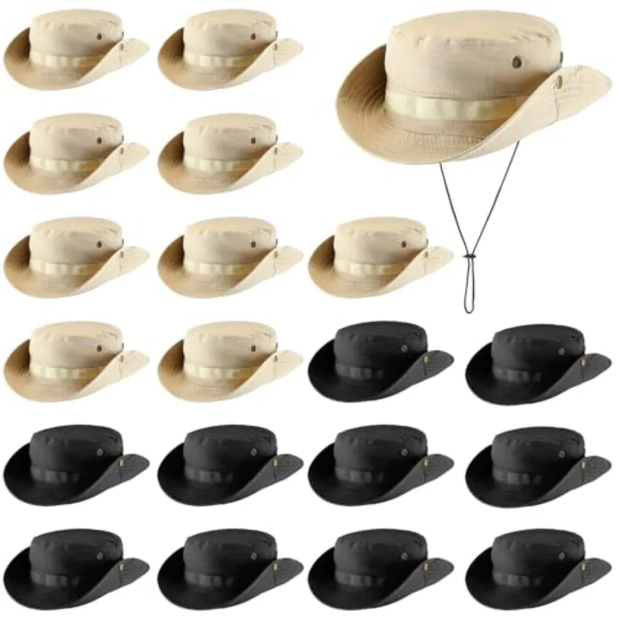 

Outdoor hiking and camping: polyester boonie hat with wide brim, khaki color, adjustable strap for secure fit and sun protectio