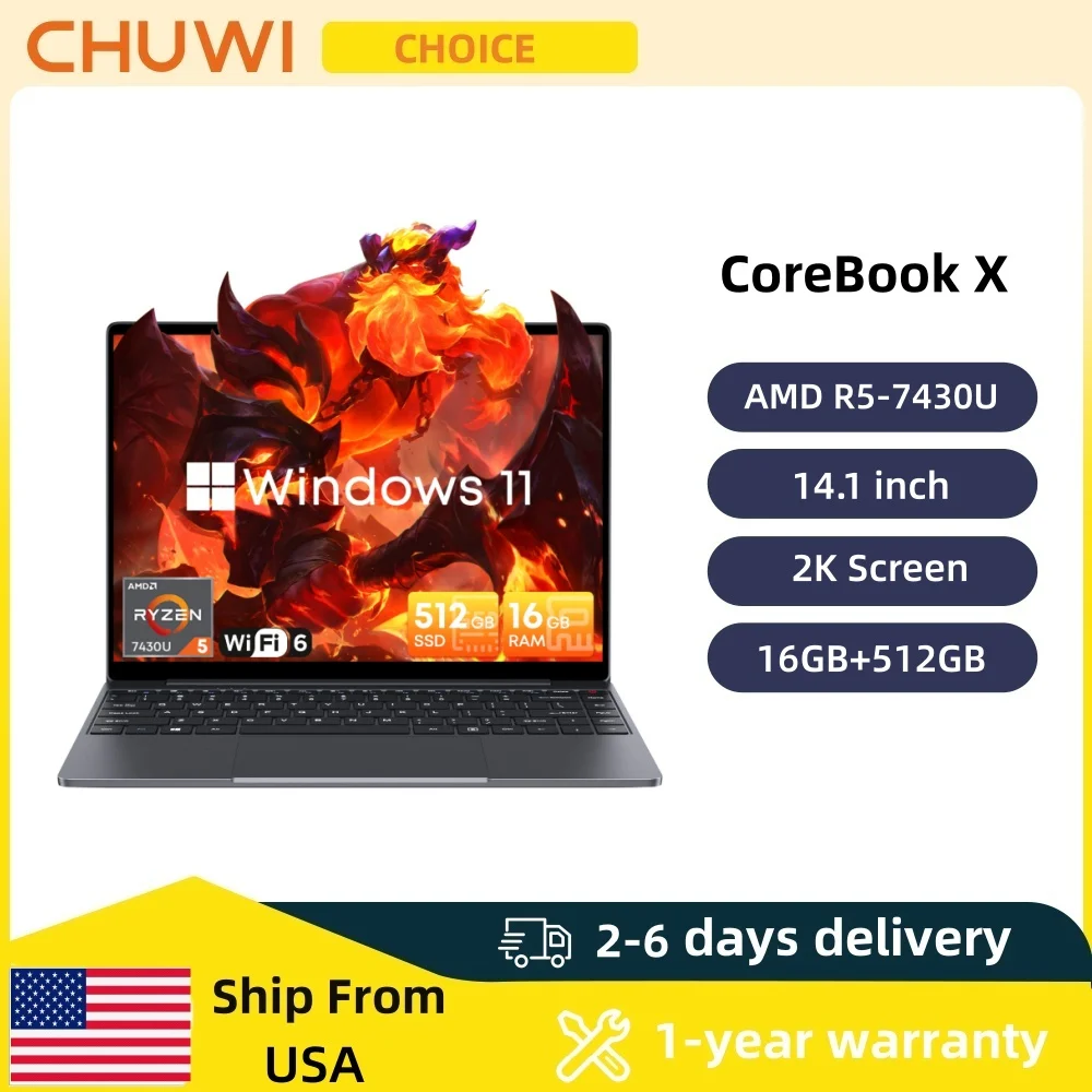 CHUWI CoreBook X كمبيوتر محمول للألعاب 14.1 بوصة 2K IPS شاشة AMD R5-7430U 16GB DDR4 RAM 512GB SSD Windows 11 Wifi6 كمبيوتر محمول