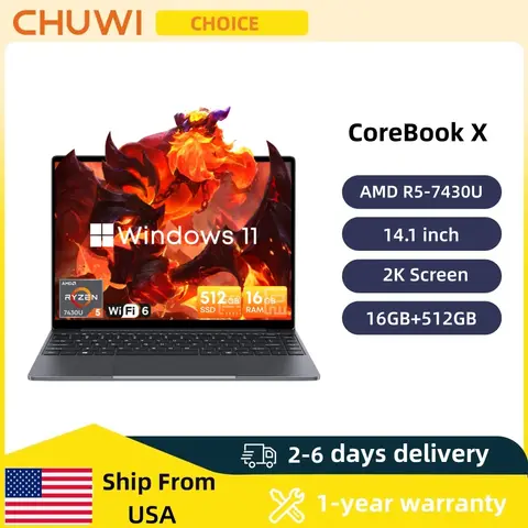 CHUWI CoreBook X Gaming Laptop 14.1 inch 2K IPS Screen AMD R5-7430U 16GB DDR4 RAM 512GB SSD Windows 11 Wifi6 Notebook Computer