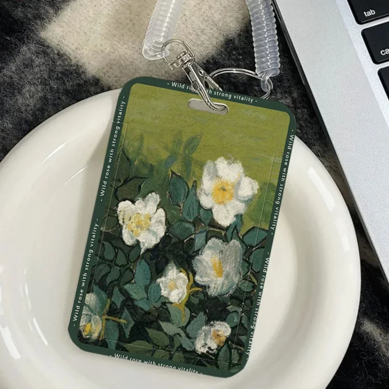 White Roses Oil Painting Style Card Holder Suitable for Bus Campus Lunch Card Credit ID Card Badge Bag Keychain Photo Sleeves