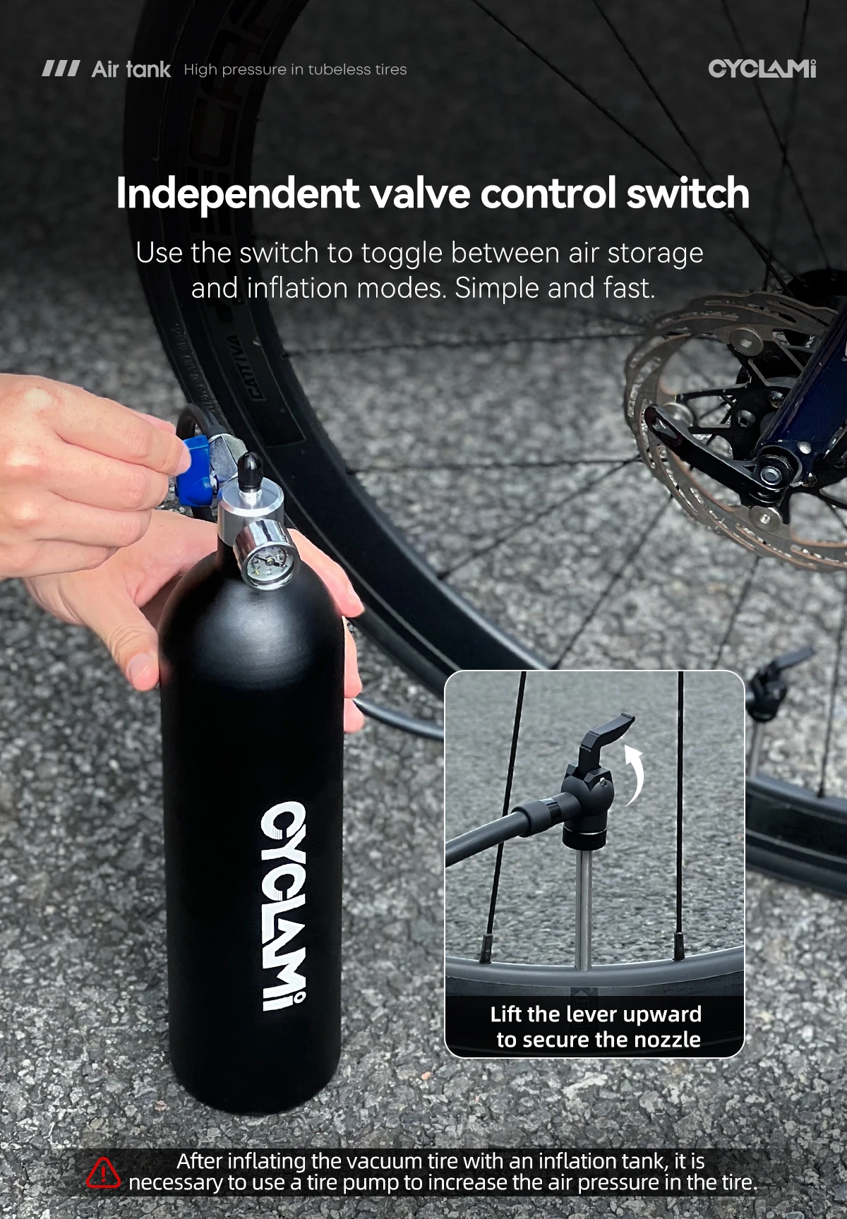 CYCLAMI Aluminiumlegierung 1,3L MTB Rennrad Reifenfüller Luftflasche Reifenverstärker mit Ventil Gaszylinder für schlauchlose Fahrradreifen – Detail 4