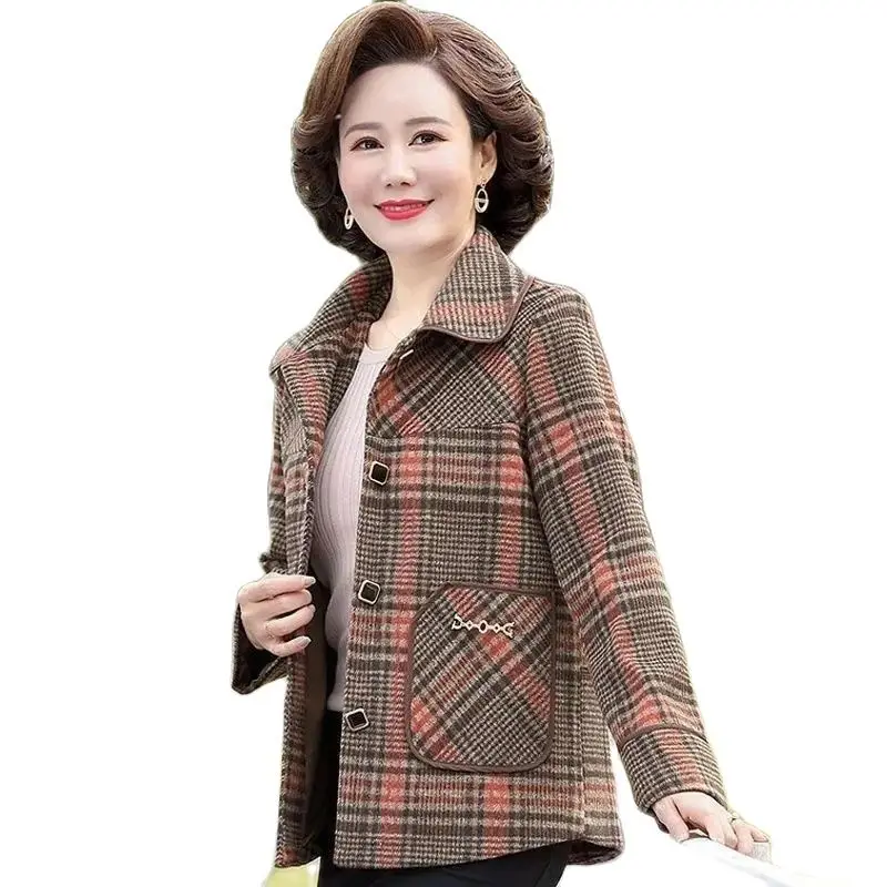 

Middle Aged Elderly Women's Woolen Jackets 2024 New Spring Autumn Casual Coats Short Blended Woolen Plaid Coat Casaco Feminino