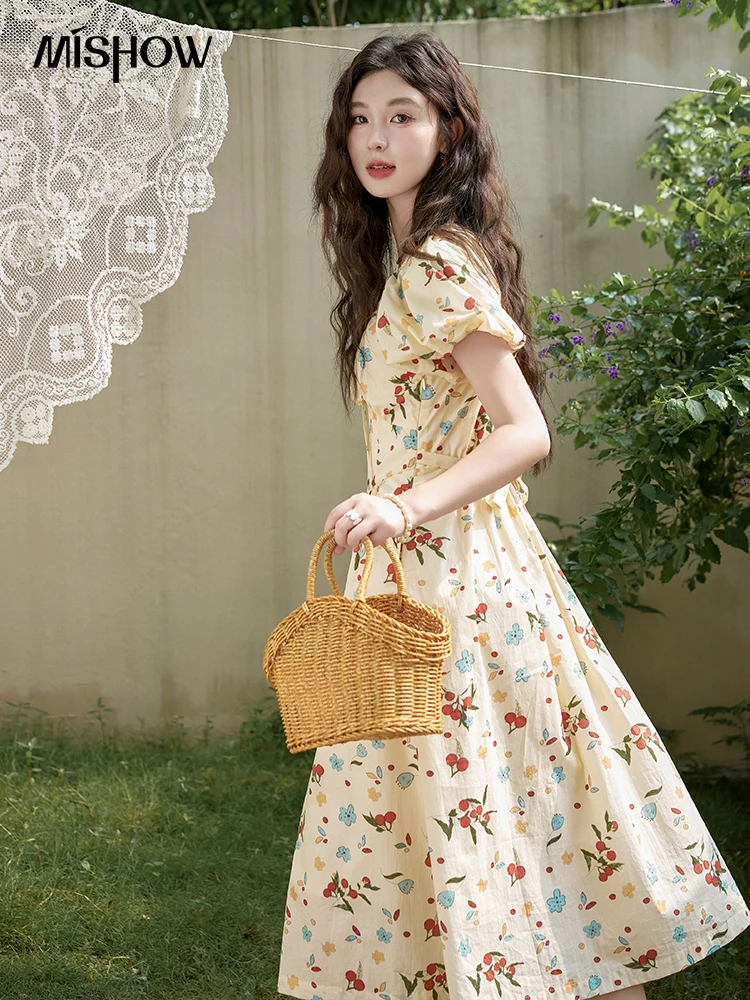 MISHOW French 100 Cotton Floral V-neck Dress Women 2024 Summer Bubble Sleeve Drawstring Lace-up Temperament Dresses MXD30L1868