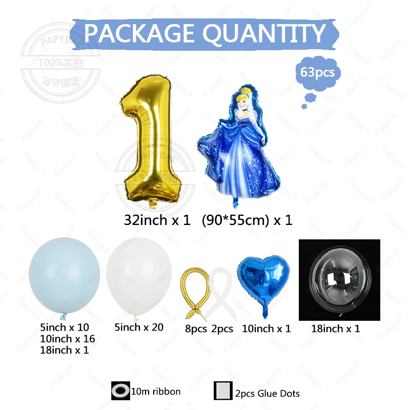 63pcs Disney Princess Elsa Themed Balloons  32 Inch Gold Number Foil Balloon Girls Birthday Party Baby Shower Decor Balloon