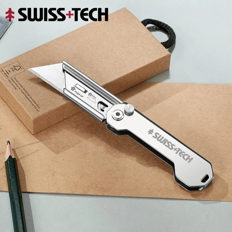 SWISS TECH มีดพับขนาดเล็กเครื่องเขียนพวงกุญแจ Multitool มีดพกพา EDC เครื่องตัดกล่องมีดยูทิลิตี้พร้อมใบมีดถอดเปลี่ยนได้