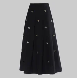 2024 Spring Women French Style Luxury Rhinestone Beading Lady High Quality Solid Long Pleated Skirt