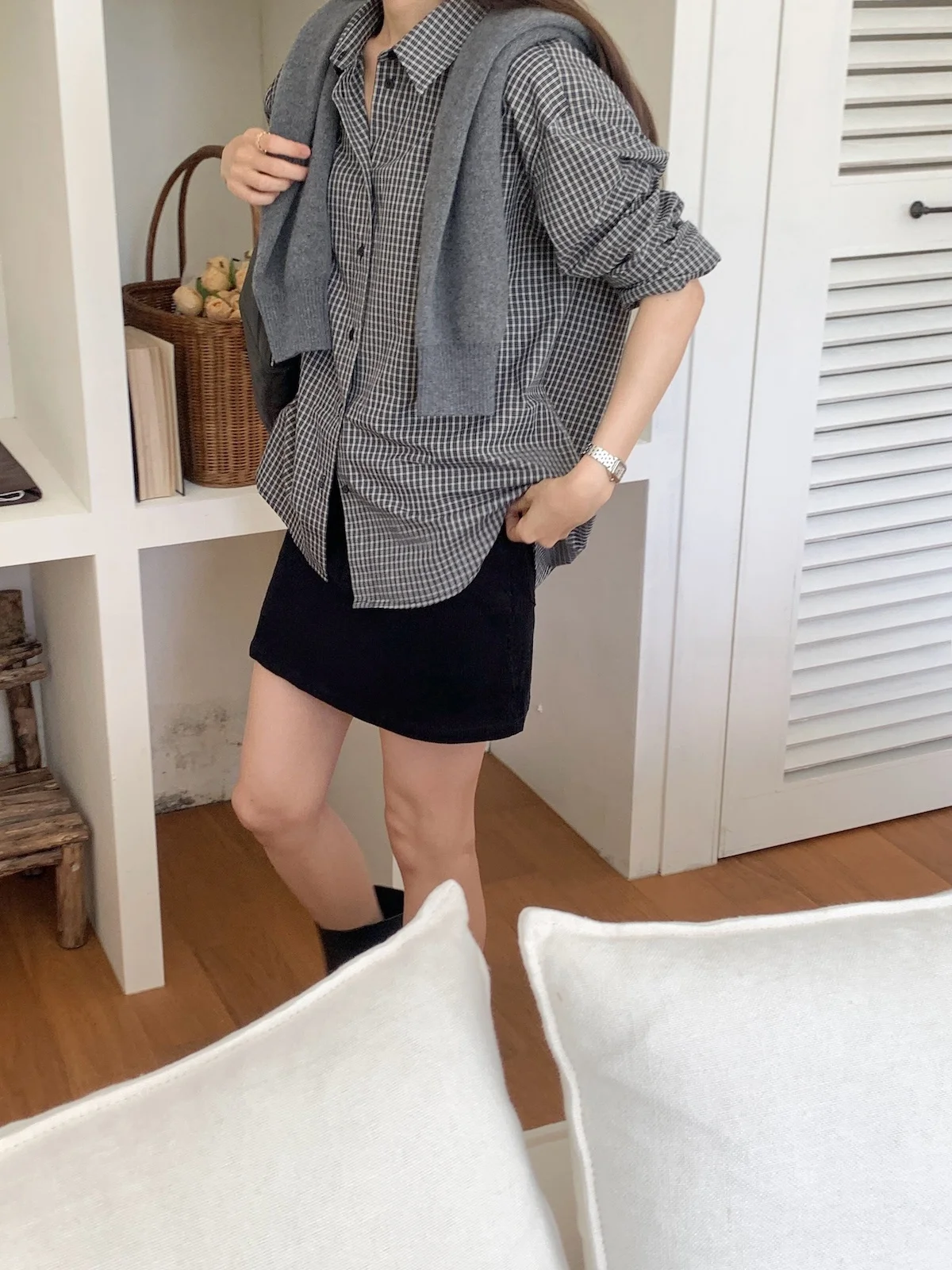 Koreanisches Design Langer Ärmel Bla Kariert Baumwolle Damen Locker Sitzend Herbst Neu Kleine Größe Kragen Knopfleiste