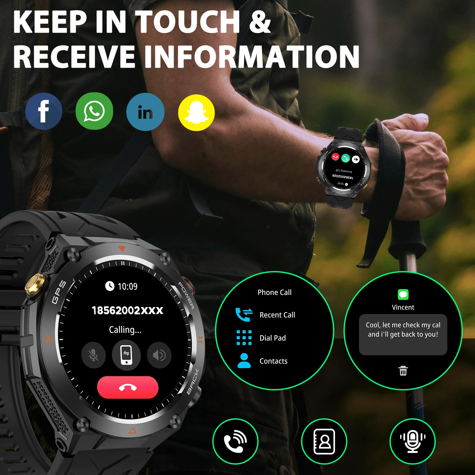 EIGIIS Orologio intelligente militare 1.45 "Outdoor 1ATM Smartwatch impermeabile con 107 modalità sportive Bussola Frequenza cardiaca SpO2 Monitor del sonno