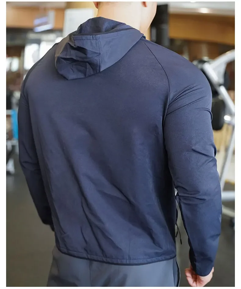 Hochwertiger Nylon-Sportmantel für Herren, Fitnessstudio, Fitness, Hoodies, Outdoor-Workout-Tops, Kapuzentraining, Laufen, Reißverschlussjacke, Kleidung – Detail 12