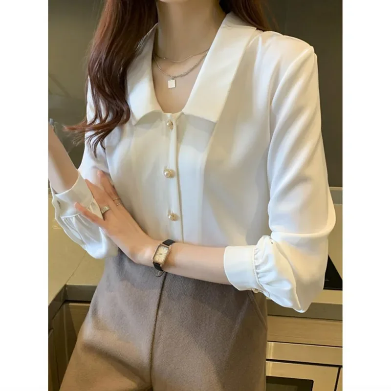 Spring New Button Patchwork Blouse Long Sleeve Polo Neck Solid Color Loose All-match Shirt Tops Fashion Office Women Clothing