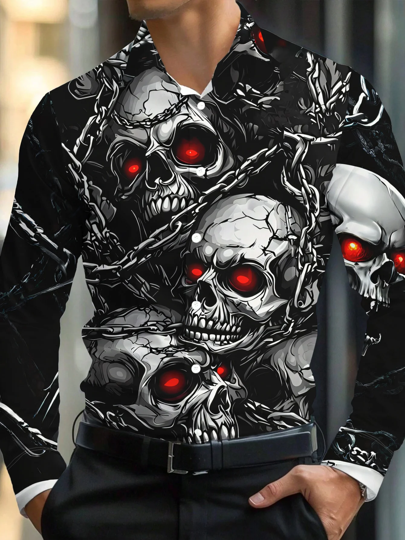 Men Long Sleeve Button Down Shirt Black Red‑Eye Skull Chain Print Polyester Lapel Collar Gothic Halloween
