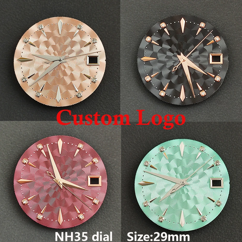 

Циферблат NH35, 29 мм/35 мм, с бриллиантами, циферблат в стиле Cocktail, циферблат с индивидуальным логотипом для часов с механизмом NH35/36, аксессуары для часов.