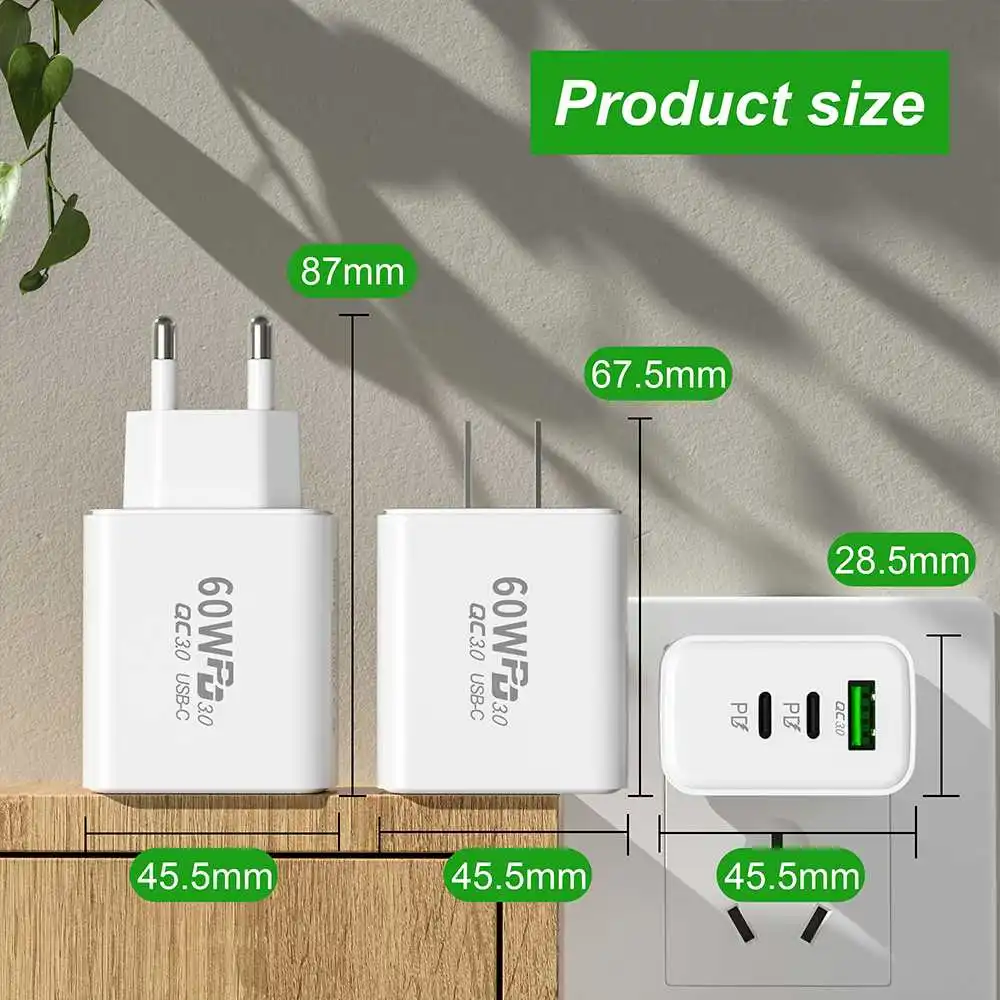 Cargador APD-60 de pared con 3 puertos USB, adaptador de carga rápida, + USB-A USB-C Dual, 60W, PD, QC3.0, enchufe europeo y estadounidense para teléfono inteligente
