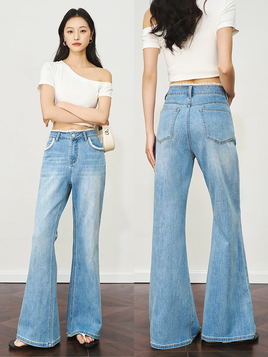

OLrain Flared Jeans Summer Woman Blue Denim Flare Pants 2025 Fashion Lady Lace Wide Leg Long Trouser Women's Clothing O57XA98922