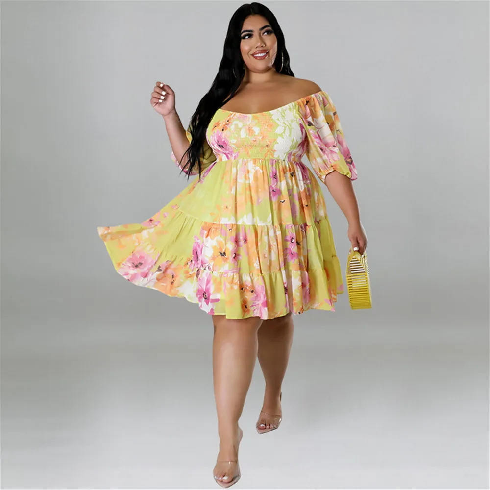 Wmstar Plus Size Summer Dresses Women's Clothing Flower Printed One Shoulder Elegant Mini Dress Hot Sale Wholesale Dropshipping