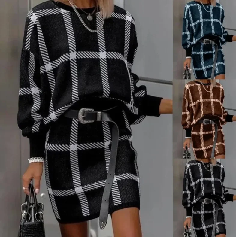 

Women's Round Neck Large Grid Top Long Sleeved Woolen Short Skirt Set Two-piece Set