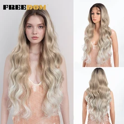 FREEDOM Synthetic Lace Front Wigs For Women 28 inch Body Wave Lace Wig Ombre Brown Soft Hair Wig Heat Resistant Grey Cosplay Wig