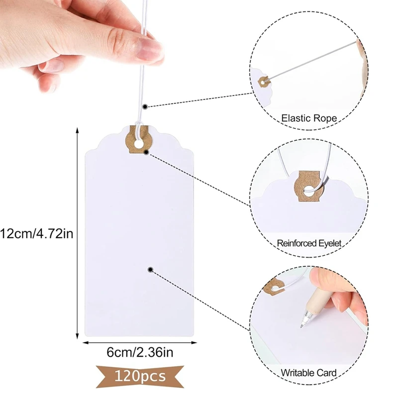 120 Pack Tags Set Kit With Elastic String Marking Hang Tags Set With String Attached Reinforced Hole Writable Tags 4.76X2.36Inch