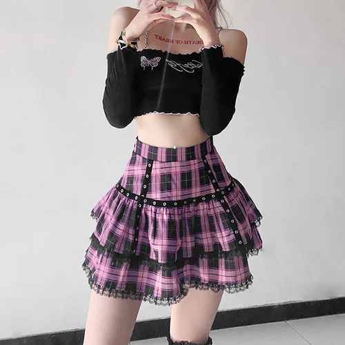 Imagen 2 del producto FICHOR Mall minifaldas góticas con volantes de encaje para mujer, Falda plisada a cuadros rosa, hada Grunge Harajuku, ropa de calle japonesa Lolita