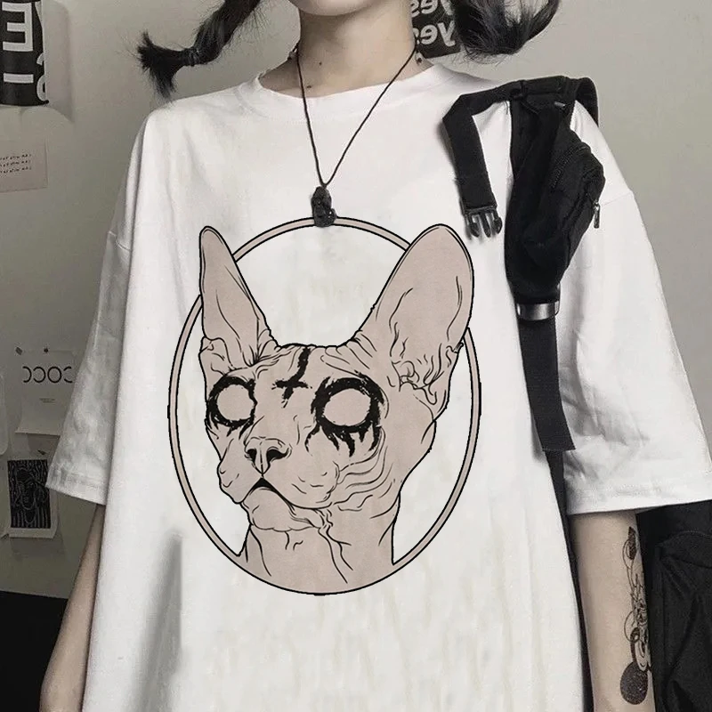 Oversize T Shirt Harajuku Death Metal Sphynx Cat Print Graphic T Shirts Women Gothic Tshirt Female Summer Tops Tee Woman Clothes