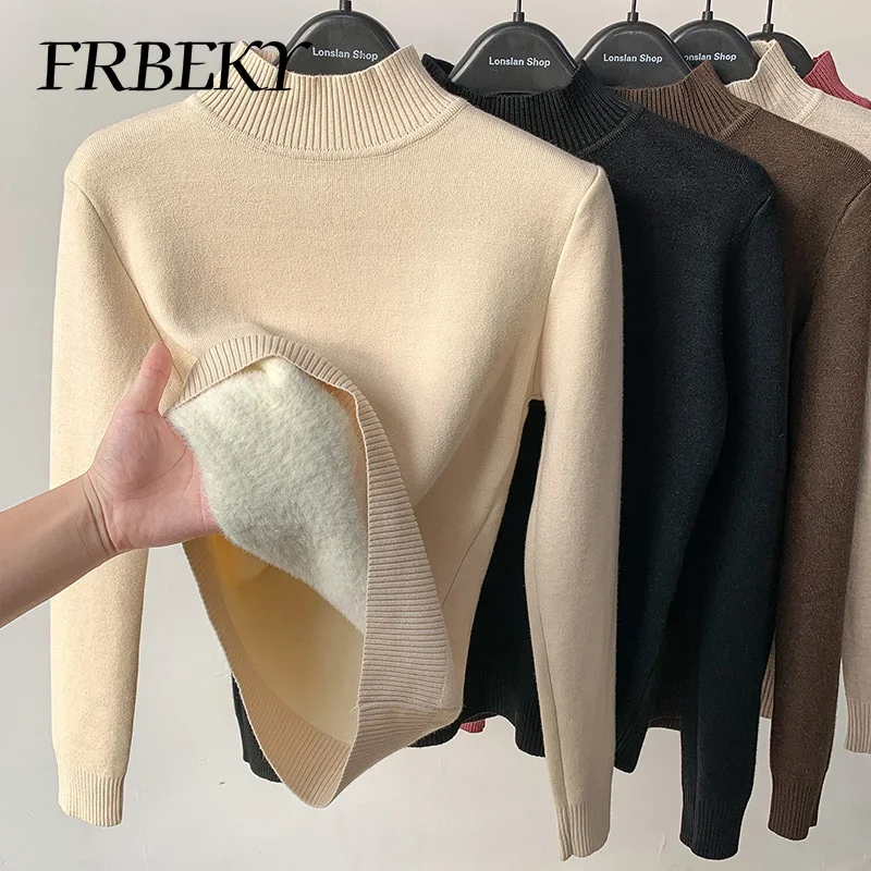 

Oversied Sweater Solid Color Casual Round-neck Sweater Plus Fleece Warm Underwear Bottoming Knitwear Elegant Thick Pullover