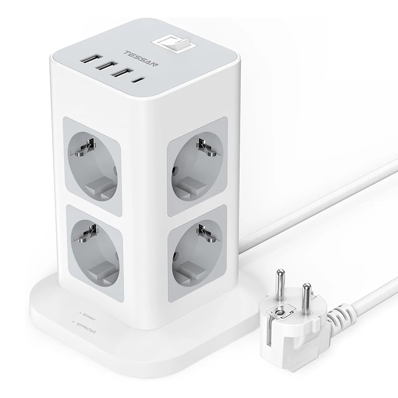 TESSAN Meerdere Socket Tower Power Strip met Multi USB C EU Plug 11/12/15 IN 1 Adapter met 2M Verlengsnoer Overspanningsbeveiliging