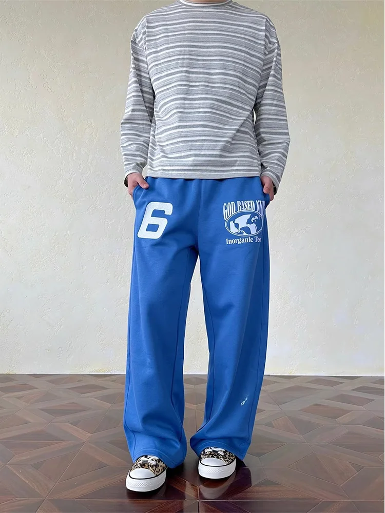 Retro American Embroidered Print Casual Sports Sweatpants Men Loose Lazy Versatile Wide Leg Long Pants Polyester Fiber