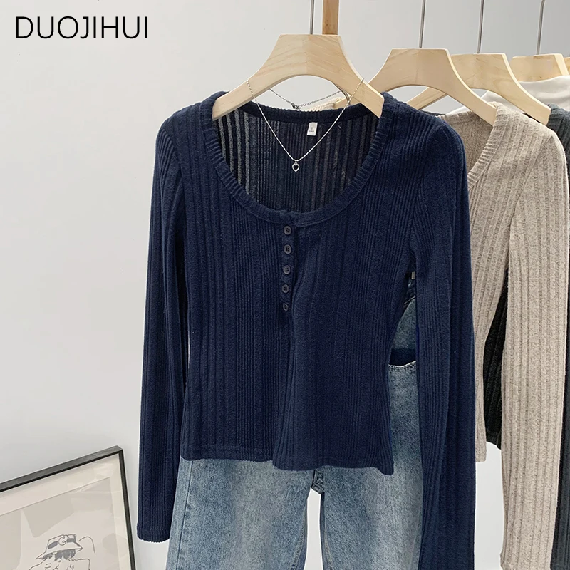 DUOJIHUI American Style Vintage Sexy Button O-neck Female Pullovers Ins Solid Color Fashion Simple Casual Simple Women Pullovers