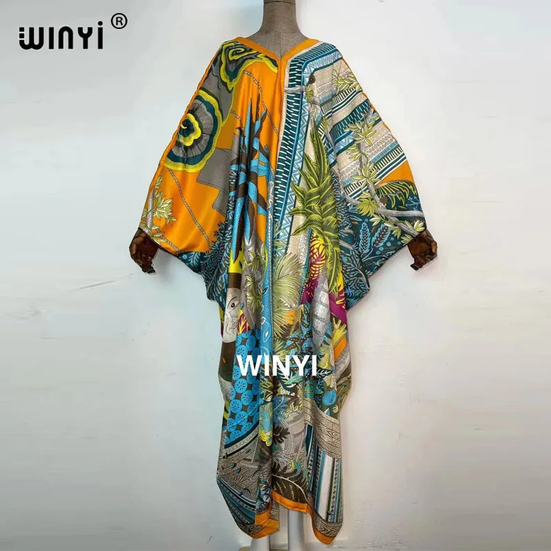 

2021 Sunmer Middle East Fashion Print Twill WINYI Maxi Dress African Women Abaya Robe Long Dress Beach V-neck Bohemian Dress