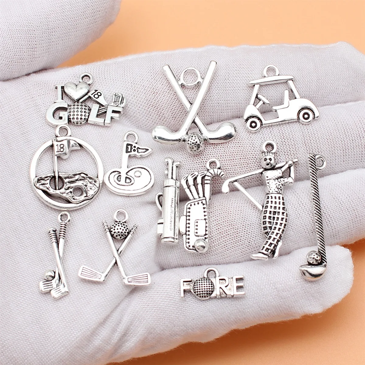 12pcs Antique Silver Color Golf Charms Collection For DIY Jewelry Making, 12 Styles, 1 of Each