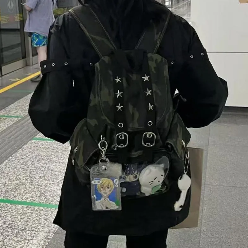 Star Striped Itabag Backpacks Y2K Korean Harajuku Functional Striped Zipper High Capacity Unisex Backpack Women's Handbag New